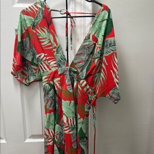 Tropical Leaf Print Wrap Dress